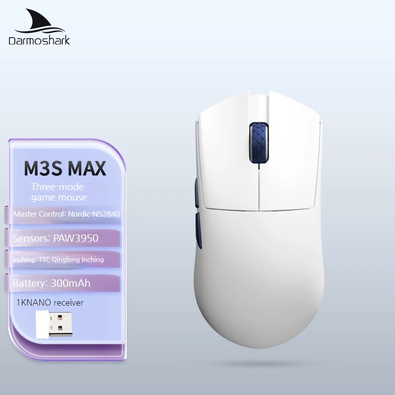 

Darmoshark M3S Max маленькая ручная модель среднего размера Paw3950 поддерживает беспроводная игровая мышь 8k с тремя режимами, легкий дизайн, подарки