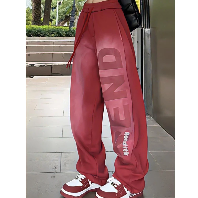 Women's Trendy Gradient Letter Print Streetwear Oversized Sports Wide Leg Pants Y2K Harajuku Female High Waist Baggy Sweatpants