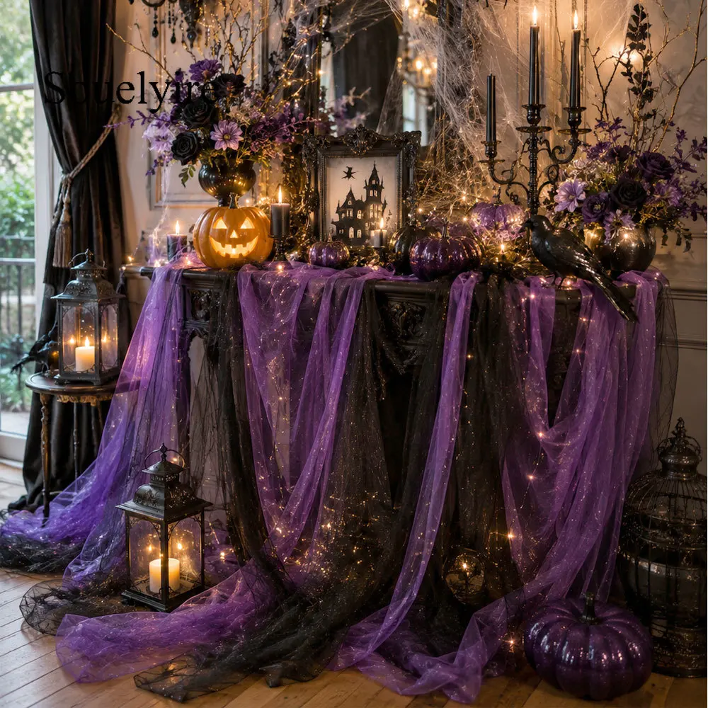 Schwarz/Lila Transparenter Tüll auf Rolle, für dunkle Halloween-Partys, Hochzeitsbankette, Geburtstage, Bogen-Blumenstuhl-Deko zum Selbermachen – Detail 7