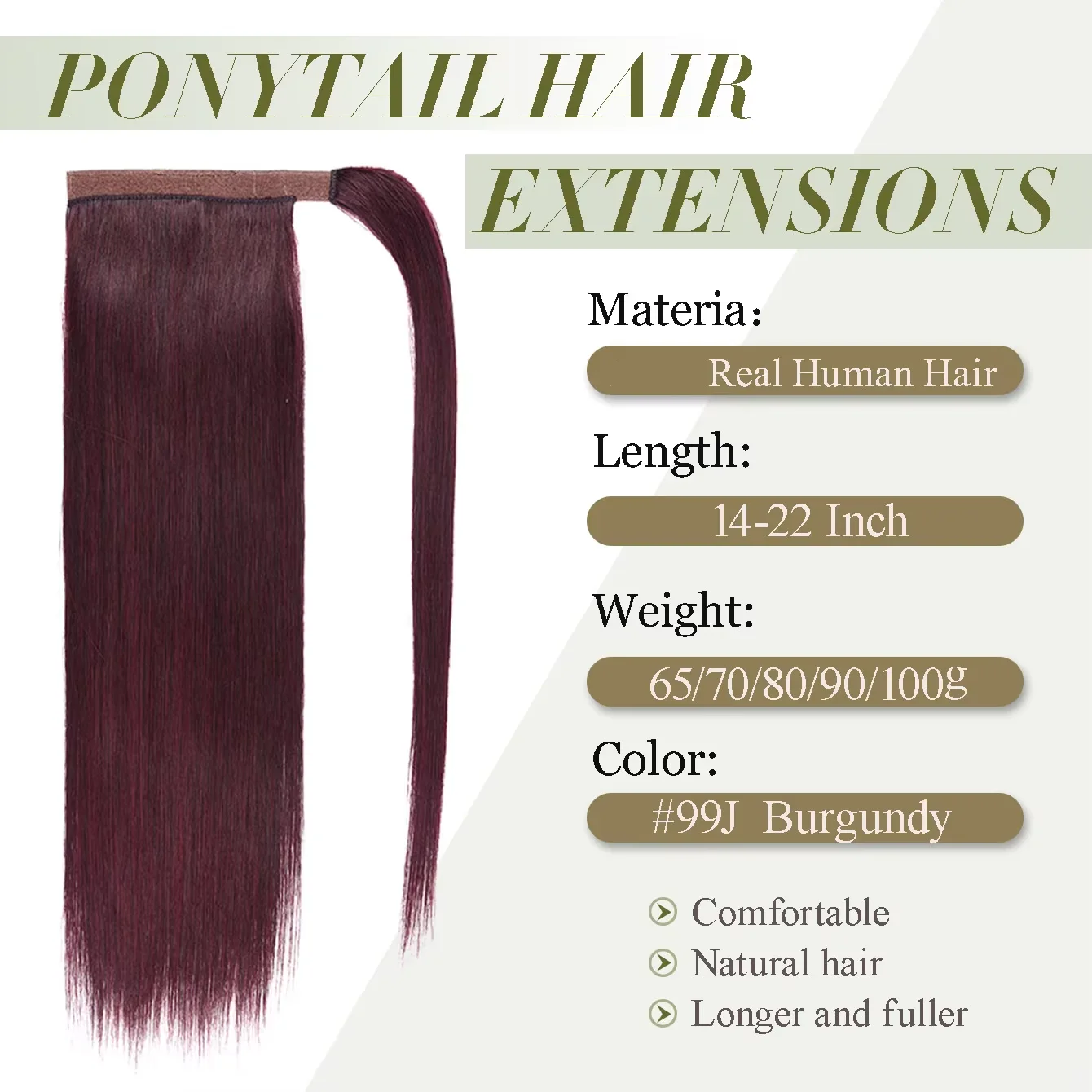 #99J Burgundy Ponytail Extension Natural Straight Human Hair Ponytail Dark Wine Wrap Around Ponytail Extensions With Invisible Magic Paste