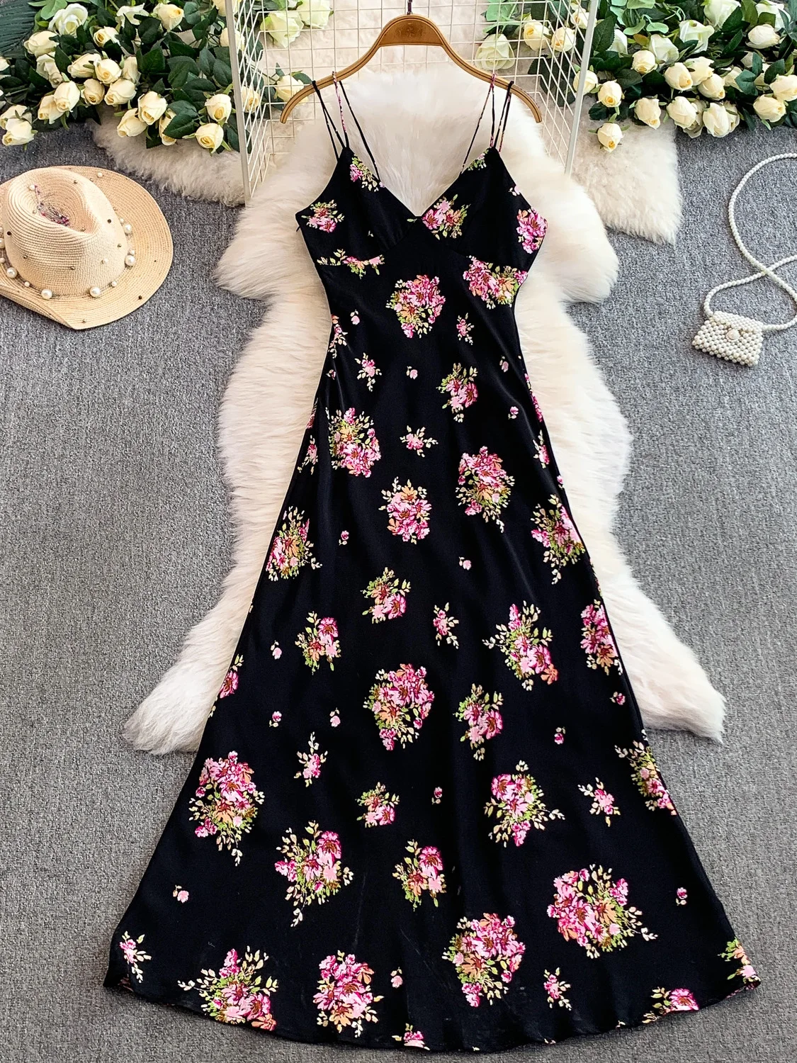 Ele Satin Print V-Ne Strapl Dr Damen High Waist A-Line Knielanger Rock Ele Sle Blumendruck Sommer Dr