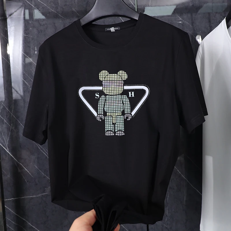 

Новая мужская футболка с короткими рукавами из чистого хлопка, летний тонкий стиль с круглым вырезом с принтом медведя, рукав из чистого хлопка, модный