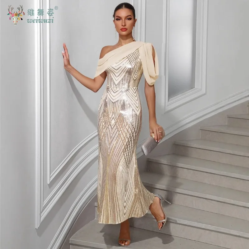 

Single Shoulder Chiffon Patchwork Sequin Long Dress Party Evening Gown Temperament Waist Cinching Slim Mermaid Evening Dresses
