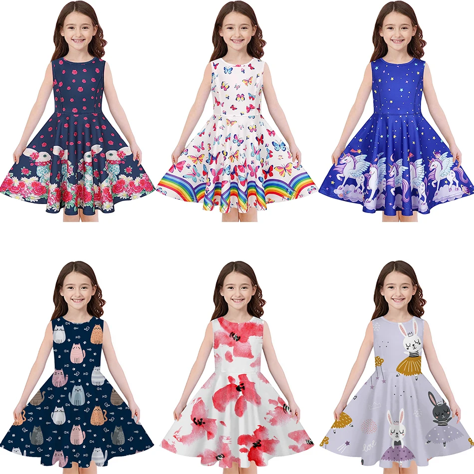 

New Unicorn Summer Multicolor Flower Printed Fashion Children Clothing Baby Rural Cute Style Girl Vest Skirt Kids Tank Top Dress