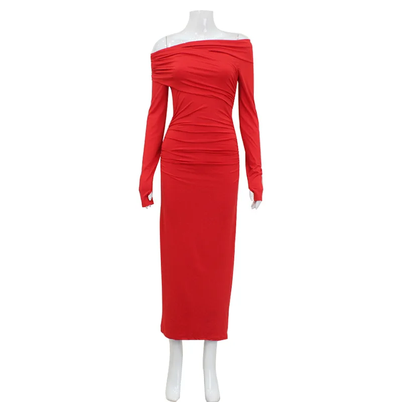 Robe moulante rouge élégante rétro à manches longues et épaules dénudées pour femmes 2025, tenue de soirée mode pour une sortie de nuit