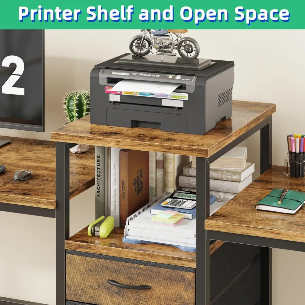 93 Escritorio de estación de trabajo para dos personas con puerto de carga, escritorio de oficina largo con 3 cajones de tela y soporte para impresora, computación compartida