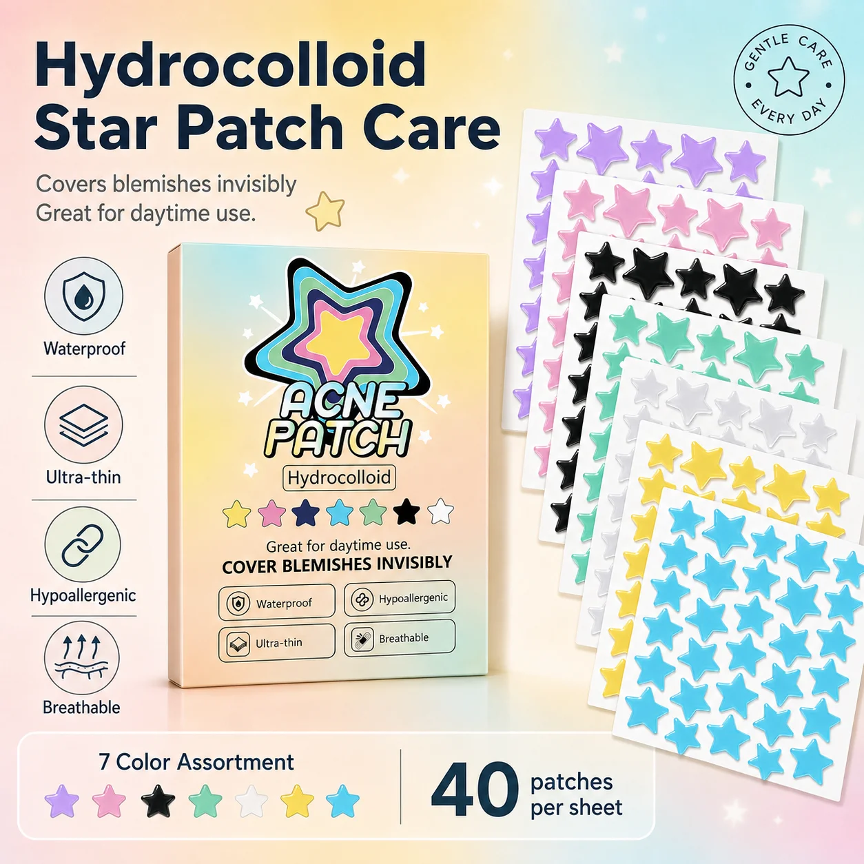 280/840/1400PCS Colorful Star Hydrocolloid Pimple Patches, 7 Colors, Ultra-Thin Waterproof Face Stickers for Day & Night Use