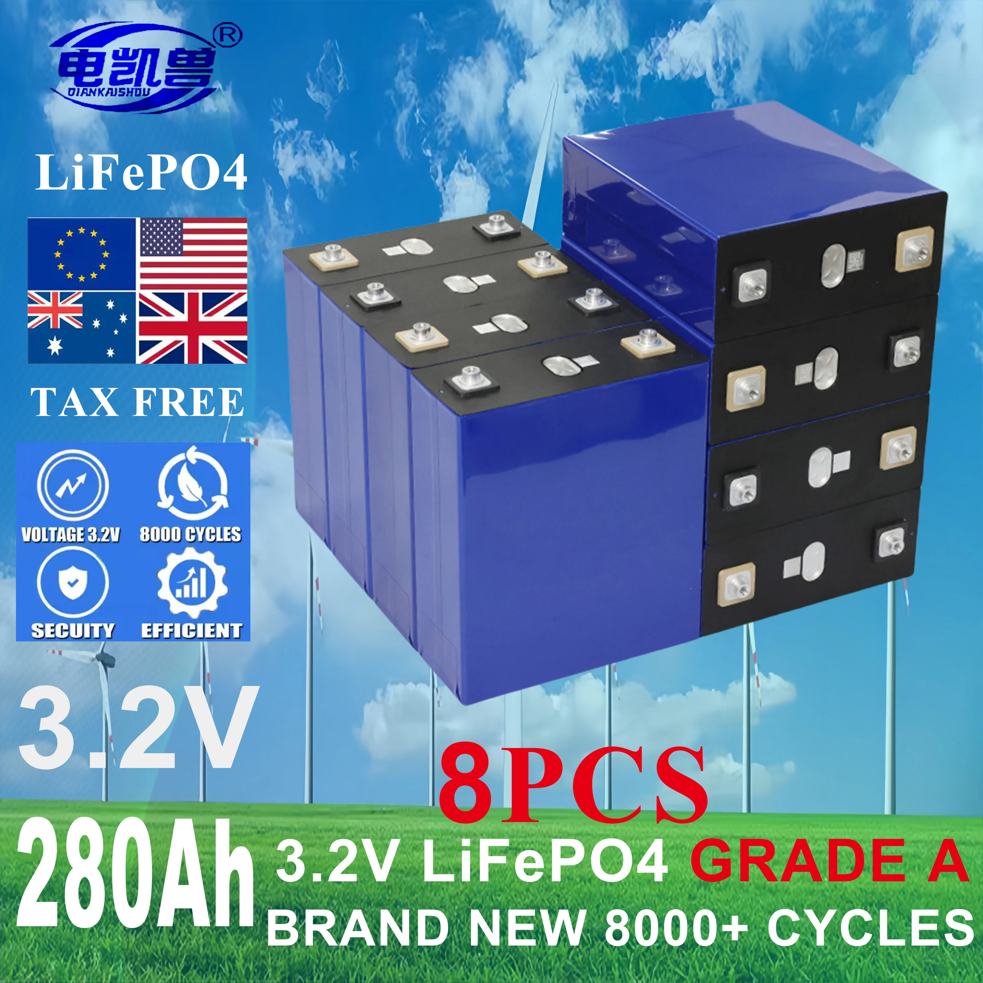 

New 8pcs 280Ah Lifepo4 Rechargable Battery Pack 3.2V Grade A Lithium Iron Phosphate Prismatic Cells for Solar PV EU US TAX FREE