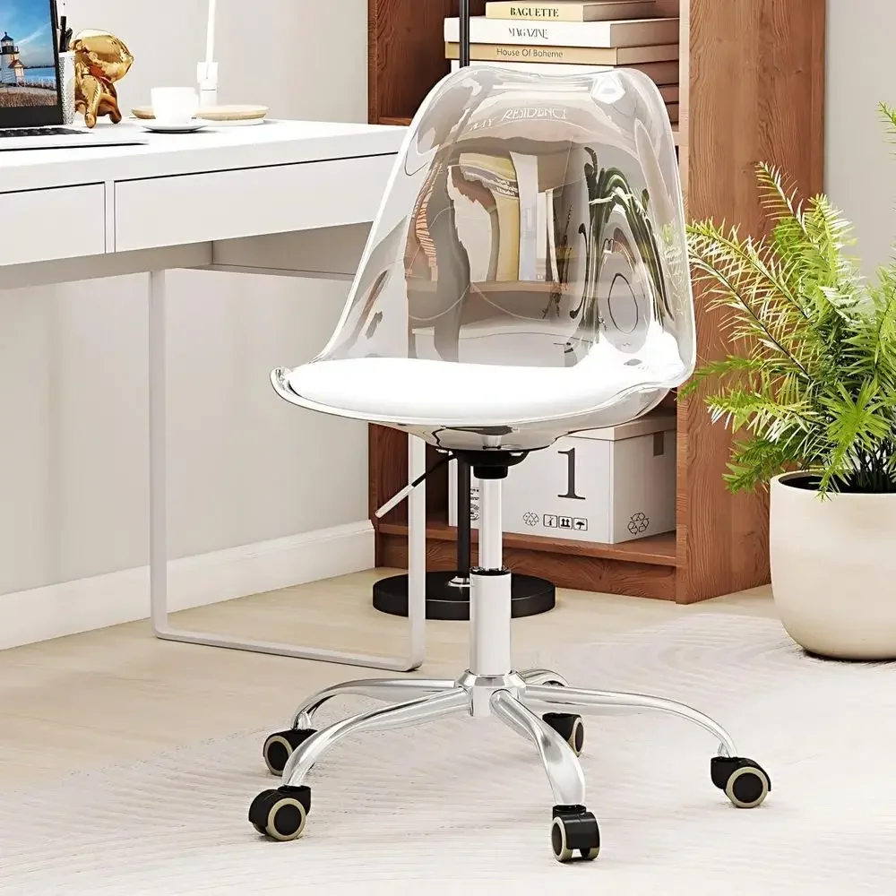 

Clear Acrylic Desk Chair with PU Leather Cushion, Swivel Rolling Chair for Home Office, Vanity, Makeup, and Small Spaces