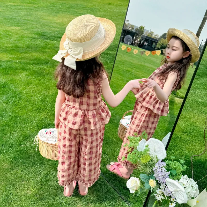 Conjuntos de roupas xadrez para bebês, colete infantil, calças de pernas largas, férias na praia, roupas de princesa, roupas de verão