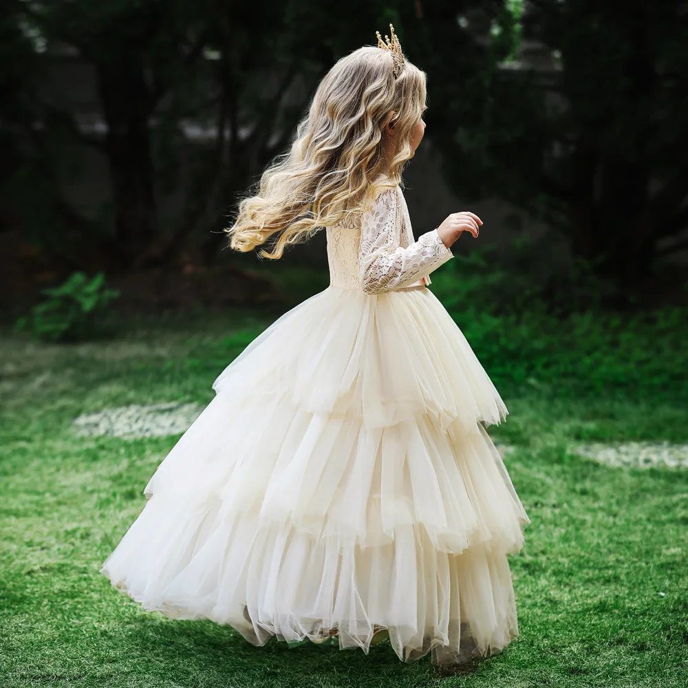 6-15 Years Kids Long Luxury Party Champagne Dresses for Teen Girls White Pink Lace Layered Dress Communion Costume Evening Gown