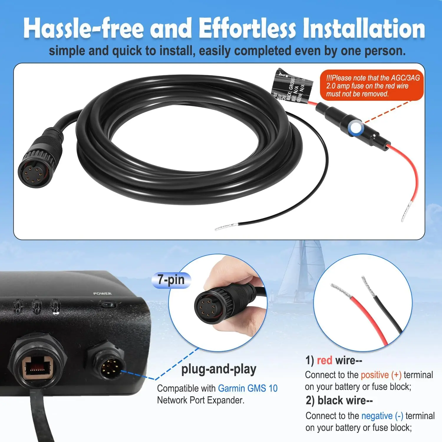 ANX 010-10553-00 Stromkabel, 7-poliges Netzkabel, passend für Garmin GMS 10 Network Port Expander, wasserdicht/stabile Stromversorgung – Detail 5