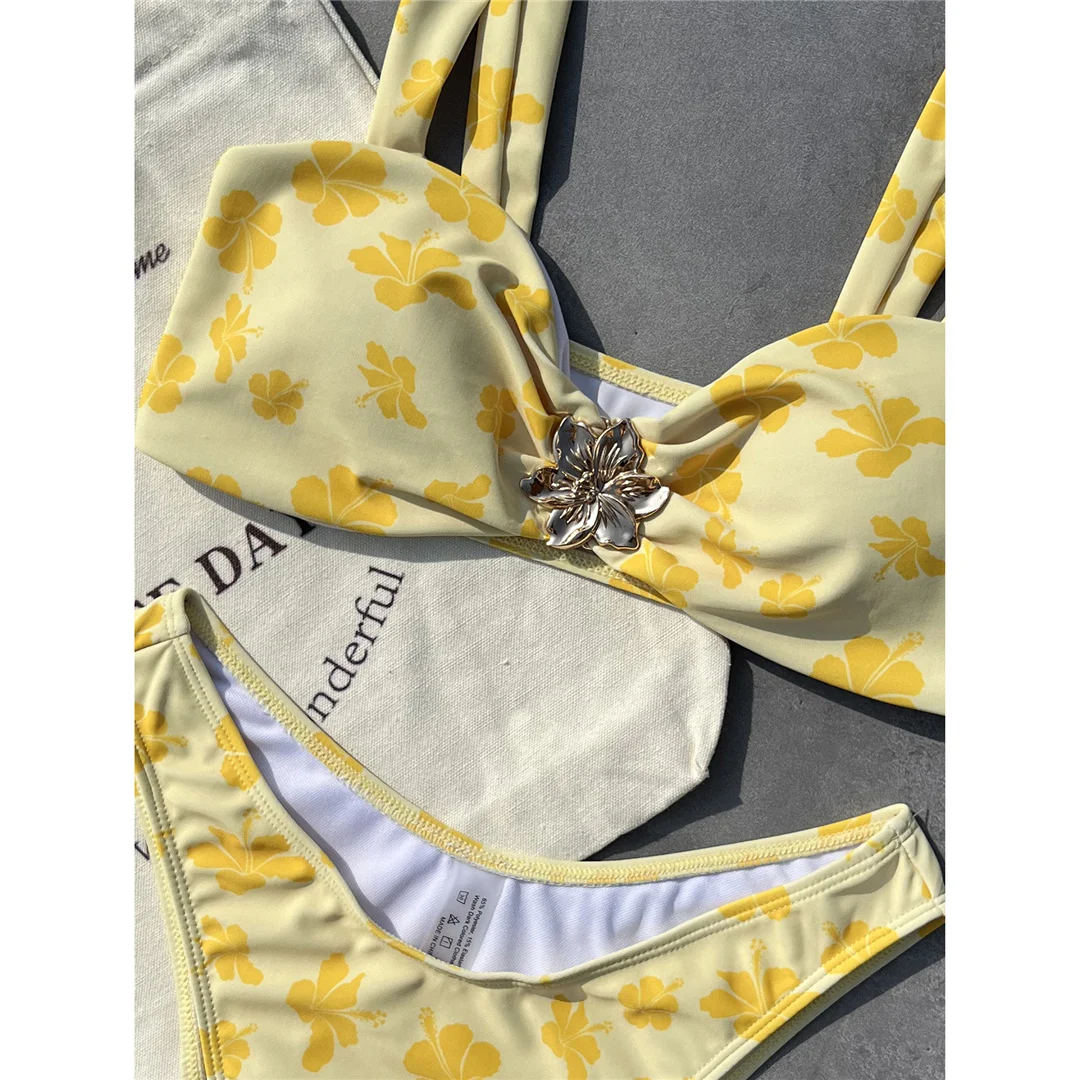 Bedruckter, metallisch glänzender, floraler, hoch geschnittener Bikini, Damen-Badeanzug, zweiteiliges Bikini-Set, Damen-Badebekleidung, Badeanzug, Badebekleidung, Schwimmbekleidung V6427 – Detail 6