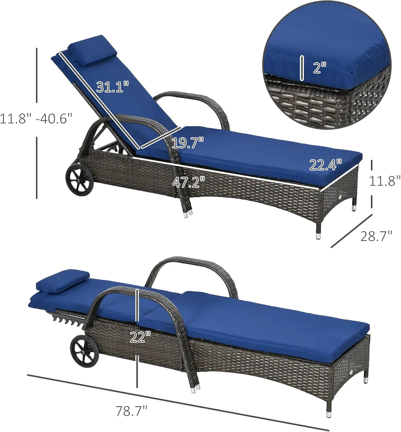 Outsunny Wicker Outdoor Chaise Lounge Set of 1/2,Adjustable Backrest PE Rattan Pool Lounge Chair with Wheels, Cushion & Headrest