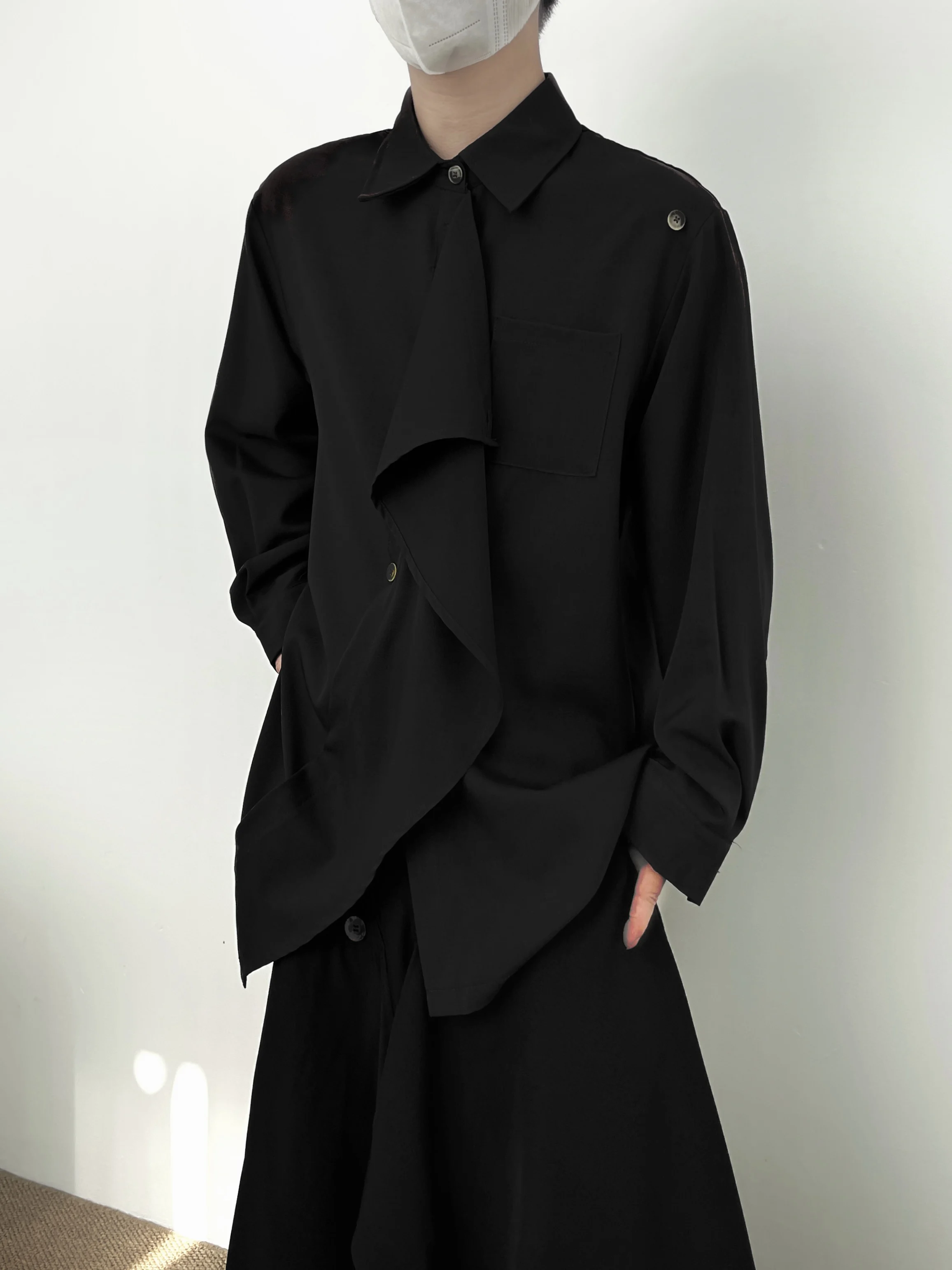 SuperAen Koreaanse stijl vintage opstaande kraag overhemd patchwork lint asymmetrische herfst nieuwe casual overhemden met lange mouwen