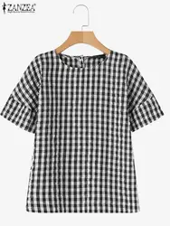 ZANZEA Summer Grid Plaid Blouse Women O Neck Short Sleeve Tops Elegant OL Work Blusas Vintage Checked Print Shirt Casual Tunic