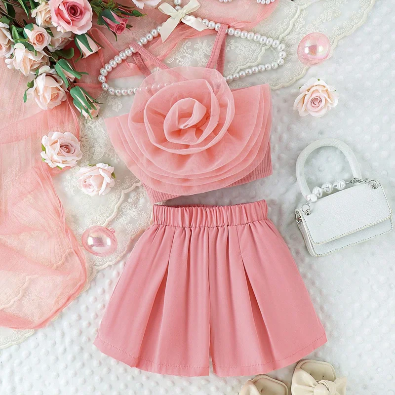 

Children's Summer Mesh Flower Strap Vest Solid Color Shorts Girls' Trendy Set