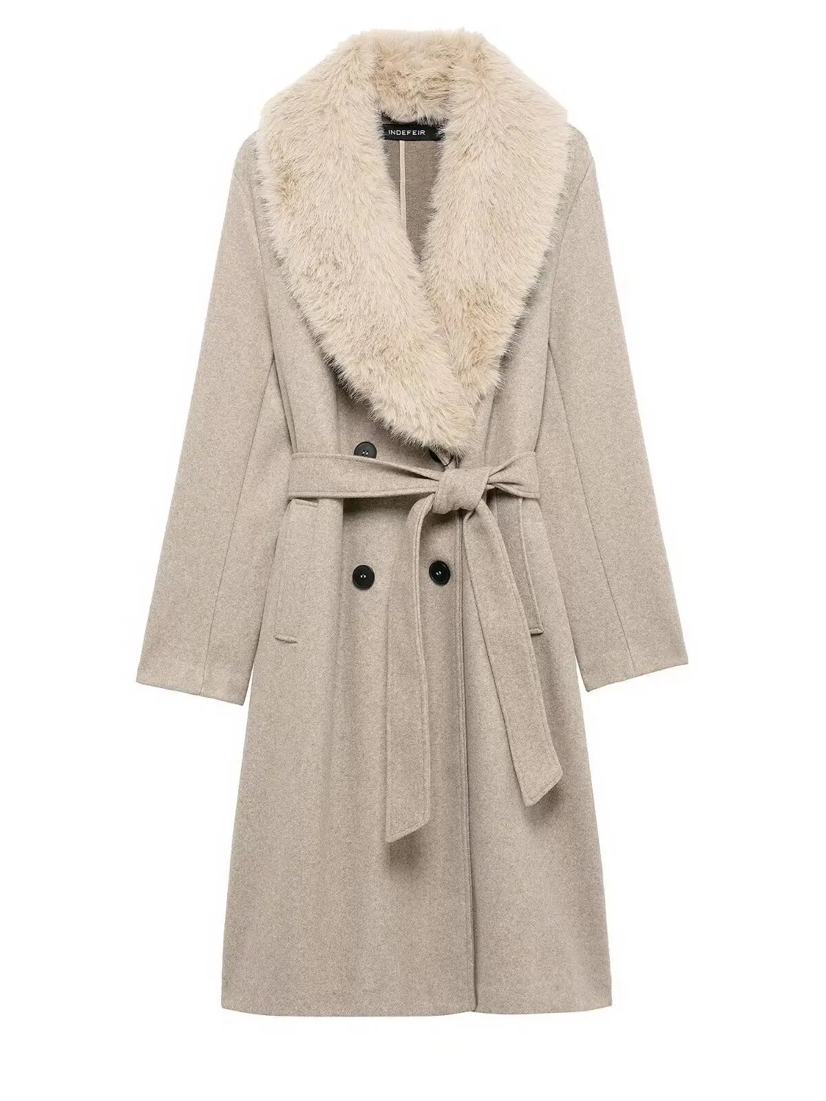 

Женское двубортное пальто из искусственного меха с поясом, длинная ветровка Sve, верхняя одежда, Thiened, весна 2025, полиэстер, материал