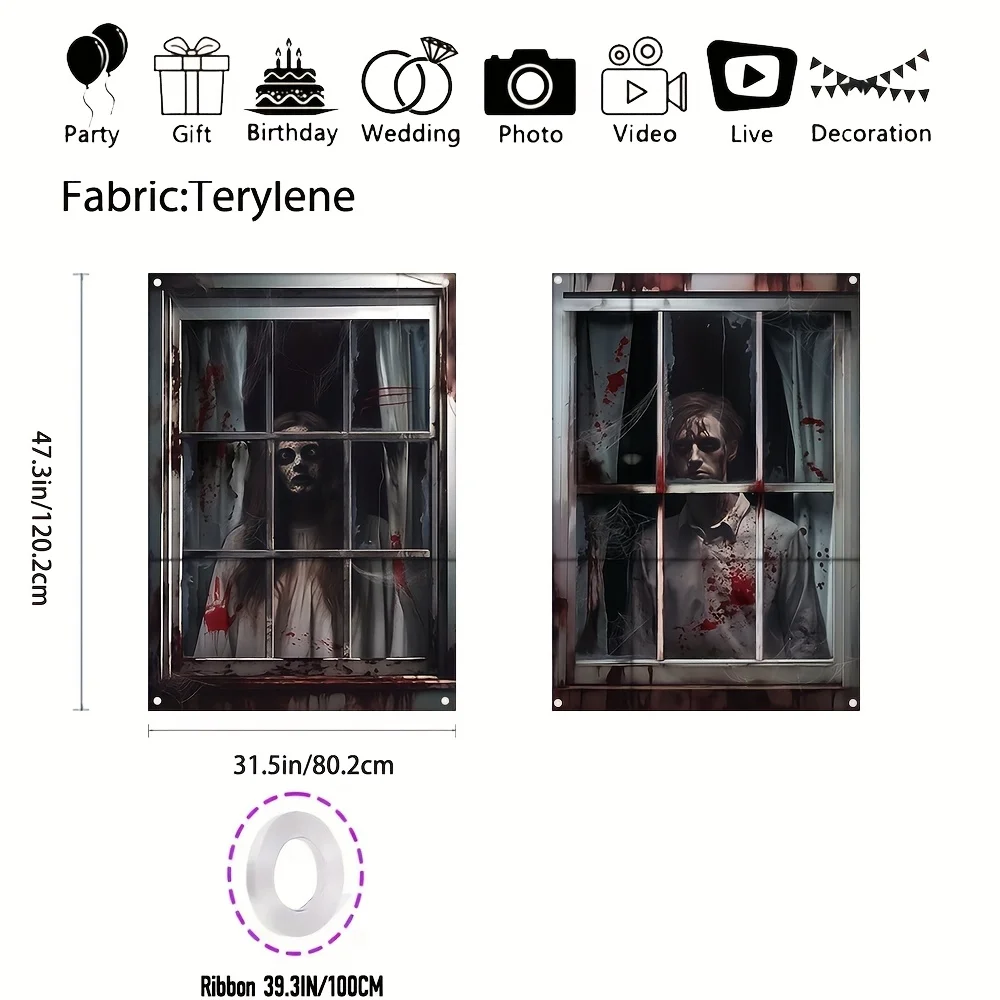 لافتة نافذة الهالوين، تصميم شبح مرعب، قماش بوليستر، ديكور جدار نافذة غرفة الحفلات