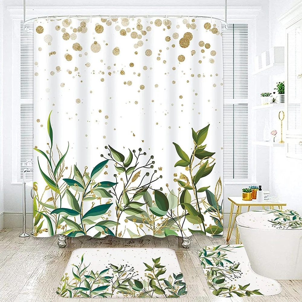 

Green Leaves Shower Curtain Sets Spring Rural Plant Flower Bathroom Curtains Non-Slip Toilet Lid Cover Rug Baths Mats Home Decor