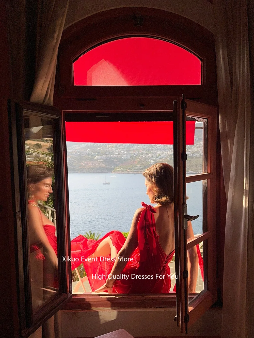 Xikuo Lebendige Abendkleider mit Spaghettiträgern, rückenfrei, rotes Ballkleid, ärmellos, hoher Schlitz, Kleider für besondere Anlässe, individuell gestaltet