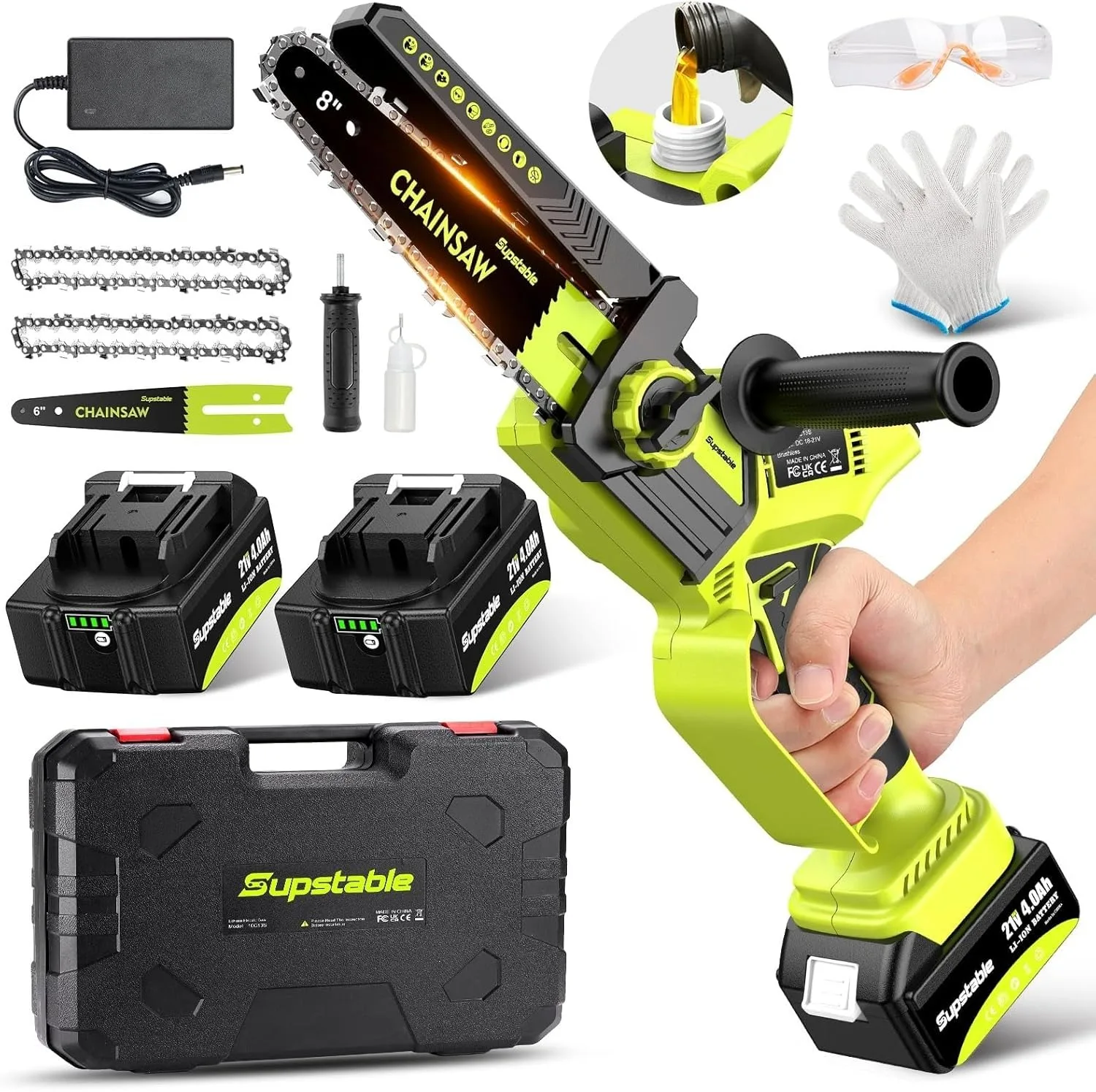 Mini tronçonneuse avec lames de 8 et 6 pouces, tronçonneuse électrique portative, lubrification automatique des chaînes, batterie 8000mAh pour Branches