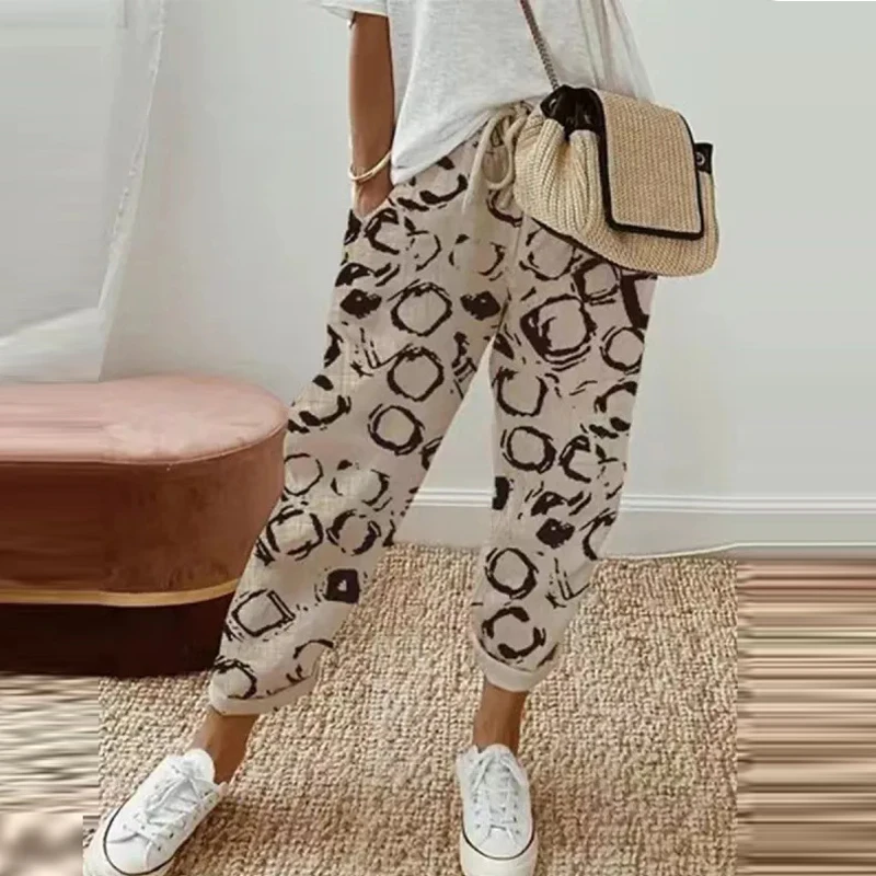 Ethnic Retro Print Women Mid-waist Ankle Length Pant Summer Cotton Linen Pocket Straight Trousers Lady Casual Drawstring Overall