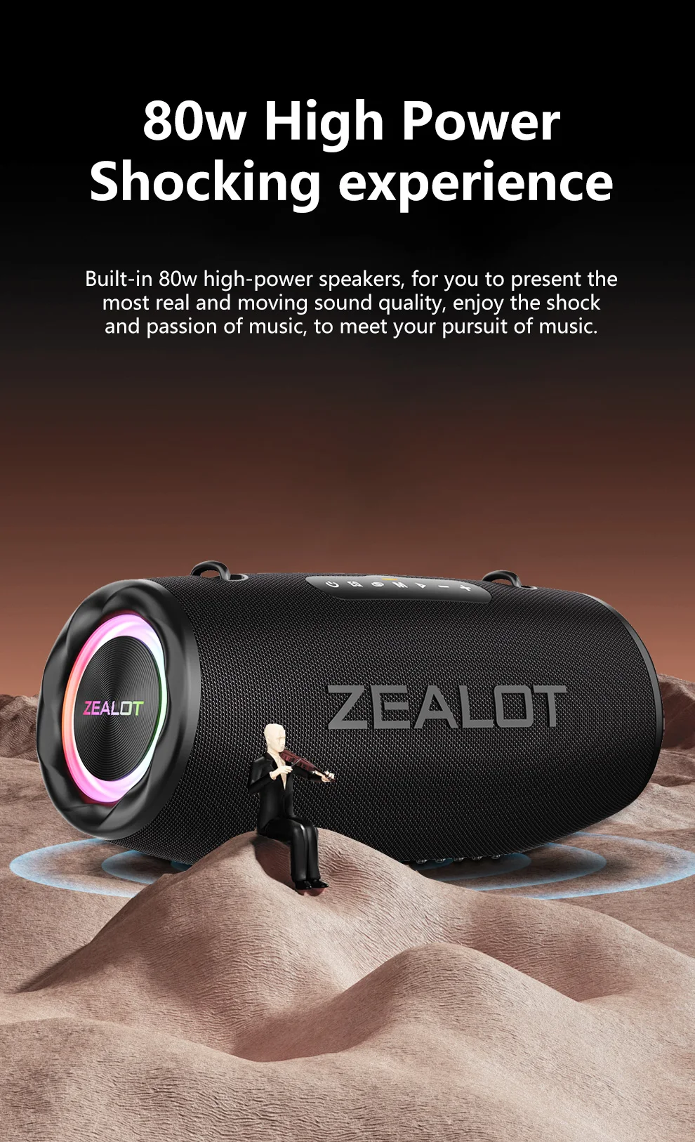 ZEALOT-S87 80W Hochleistungs-Bluetooth-Lautsprecher Tragbarer RGB-Farbbeleuchteter Wasserdichter Kabelloser Subwoofer 360° Stereo-Surround – Detail 7