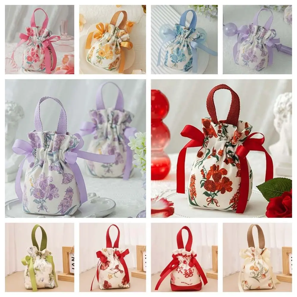 

Bird Canvas Drawstring Bag Large Capacity Korean Style Small Flower Wrist Bag Wedding Candy Bag Bucket Bag Bowknot Handbag