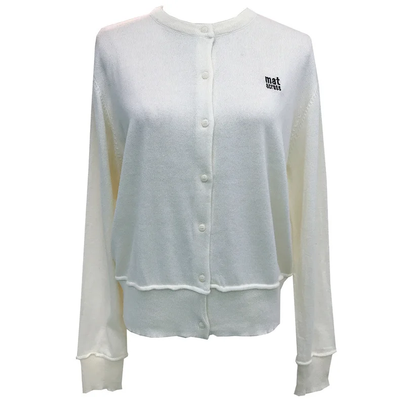 8212 Cárdigan bordado con letras blancas otoño nuevo estilo coreano mezcla de lana fresca cuello redondo botón cintura Top