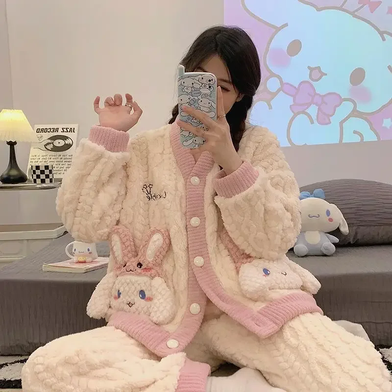 Kawaii Cinnamoroll Pochacco Kuromi Cartoon Plush Pajamas V-Neck Cardigan Thick Warm Loungewear Sanrio Cute Girl Student Homewear