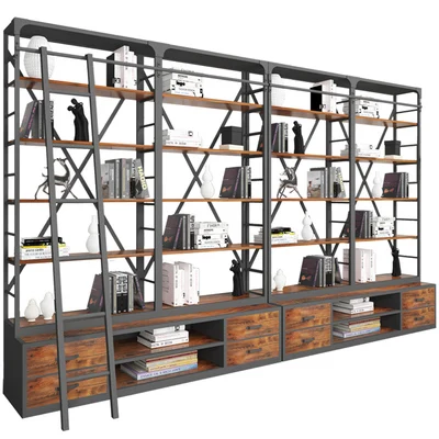

yy-Bookshelf with Ladder Floor Industrial Wind Wrought Iron Solid Wood Wall Bookcase Office Partition Rack Retro Shelf