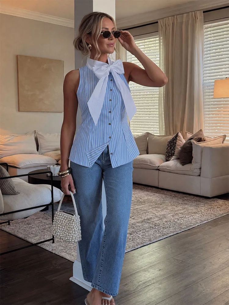 HH Women Summer Vintage Dainty Blue White Stripe Blouse Spring Contrast Bow Tie Neck Sleeveless Button Front Lightweight Top