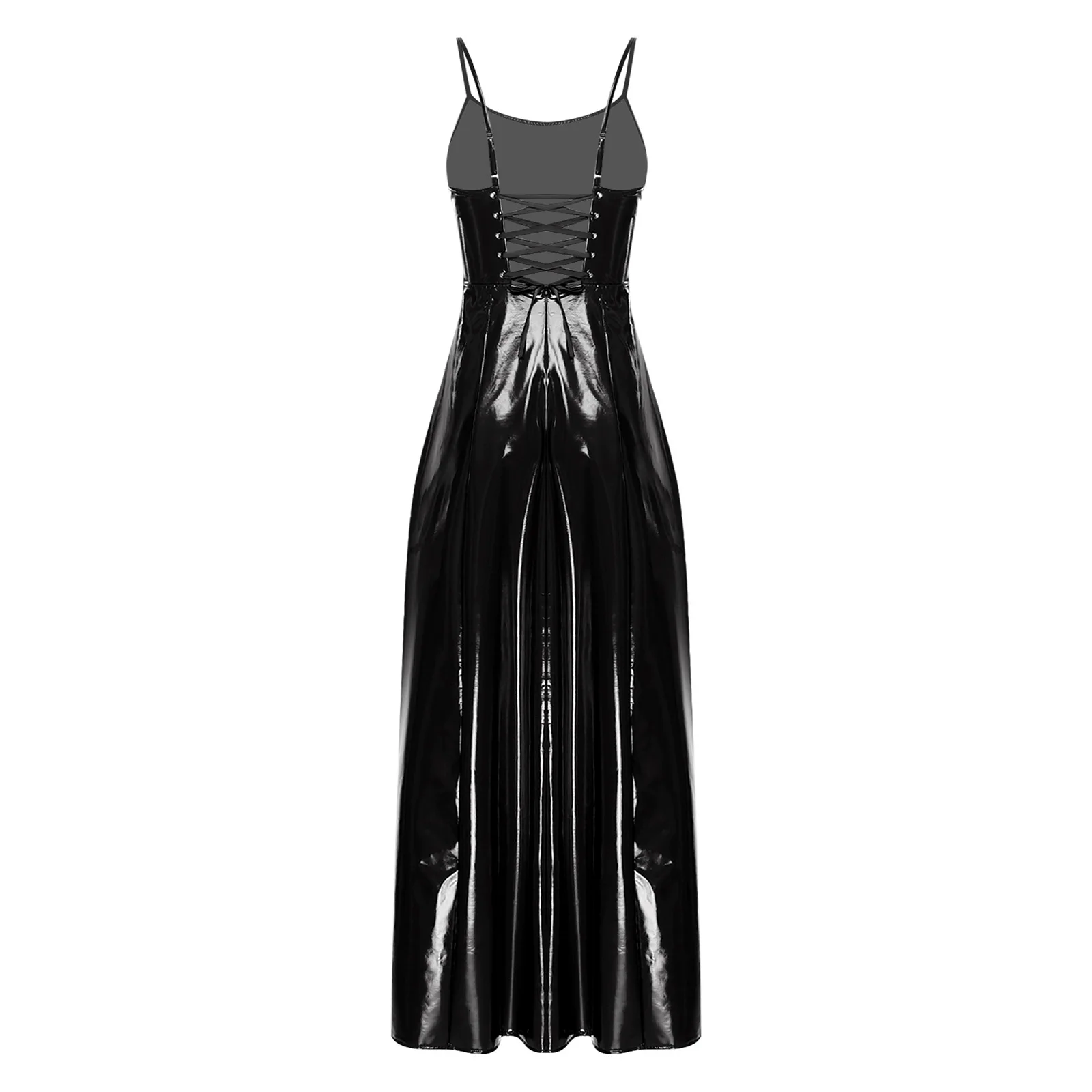 Women Maxi Party Dress Punk PU Dress Party Clubbing Woman's Side Slit for Raves Club Lady Glossy Camis Dress Gothic Costume
