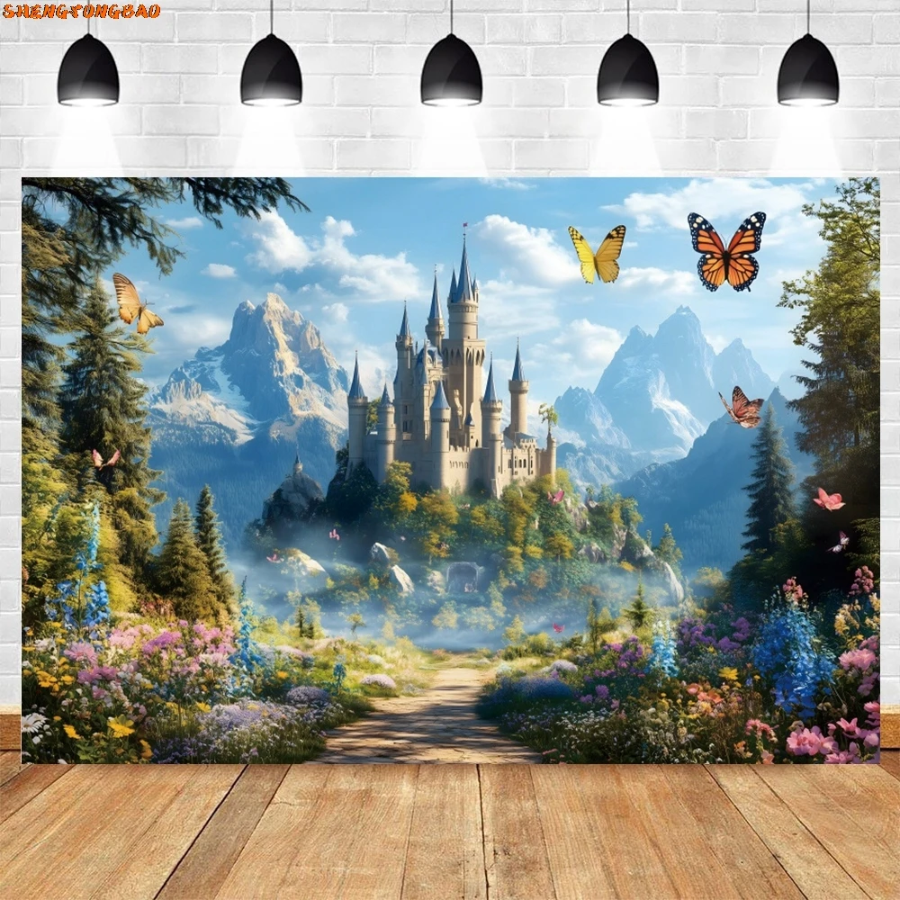 Spring Forest Castle Backdrop Green Trees Plants Butterfly Baby Kids Birthday Party Photography Background Decor Photostudio