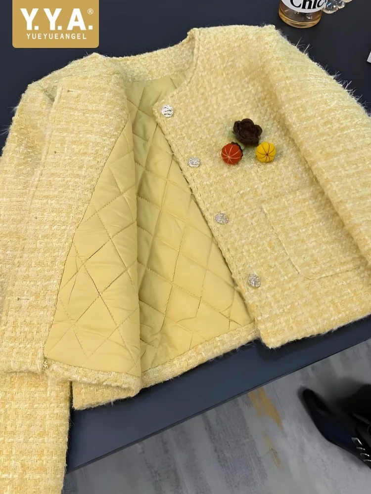 

Женская теплая стеганая твидовая куртка с круглым вырезом, однобортное короткое стильное пальто, зимняя офисная женская рабочая саржевая куртка, повседневная верхняя одежда