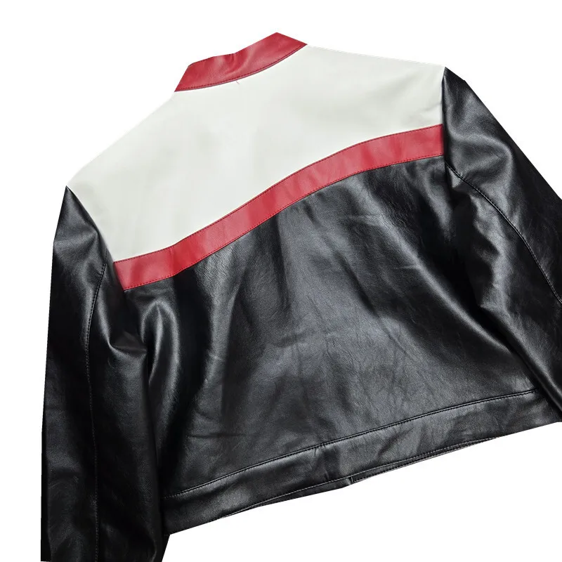 Kurtka damska skórzana w stylu baseballowym HKSH na wiosnę i jesień, kontrastowe kolory, patchwork, motocyklowa, krótka kurtka, zapinana na zamek, panelowa, model HK12774