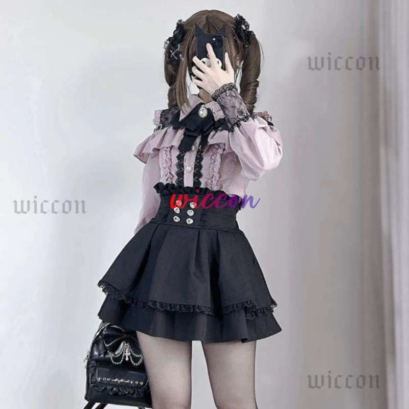Jirai kei الزي لوليتا الفتيات قميص تنورة مجموعة النساء Kawaii القوس طويلة الأكمام Y2K قميص جمالي غير رسمي النمط الياباني النساء #5
