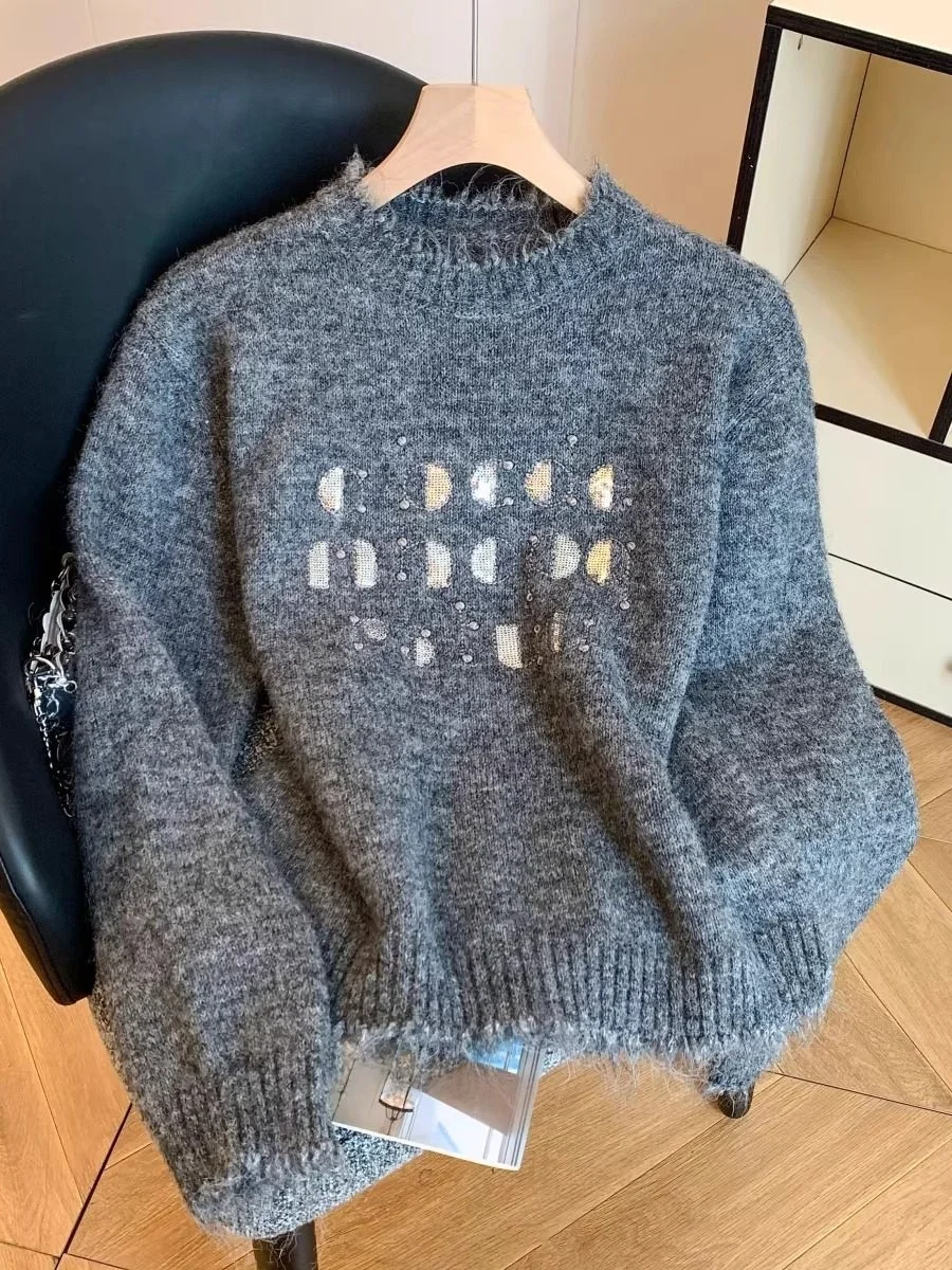 

Gray Heavy-duty Shiny Women's Knitted Sweater Autumn Winter Soft Thickened Overhead Long Sleeve Warm round Neck Woolen Cashmere