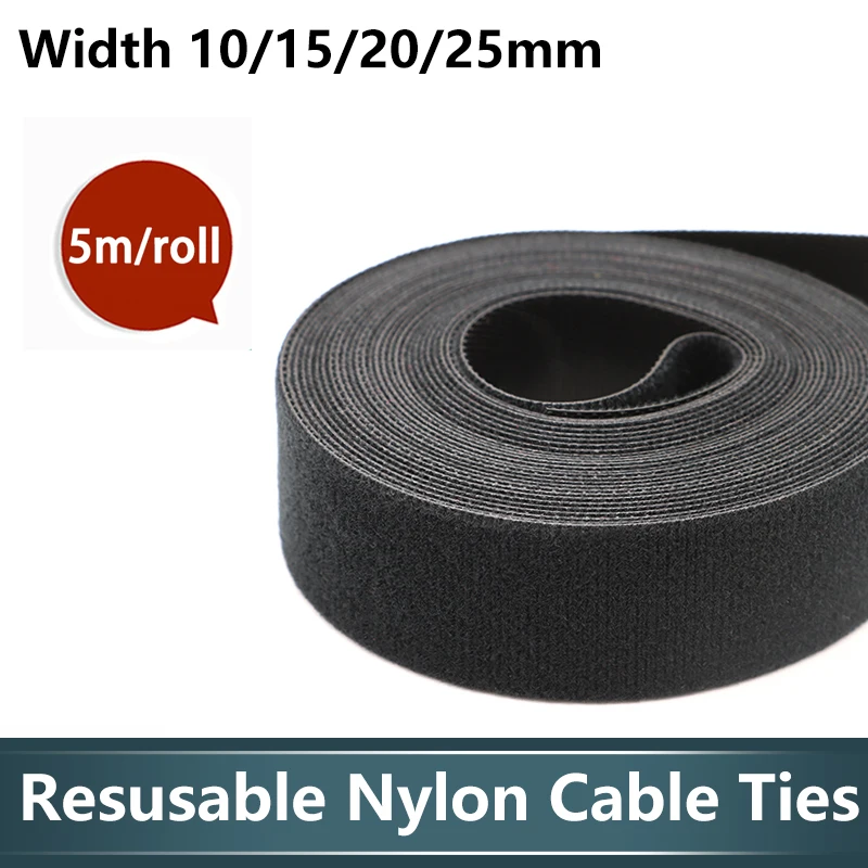 

10/15/20/25mm Black Cable Organizer USB 1~20R Cable Winder Management Nylon Free Cut Ties 5M/Roll Mouse earphone Hook Loop Tape