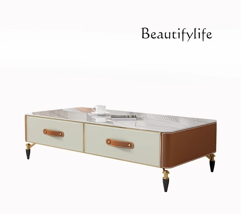 

Light luxury saddle leather long coffee table modern living room rock slab coffee table TV cabinet solid wood high tea table