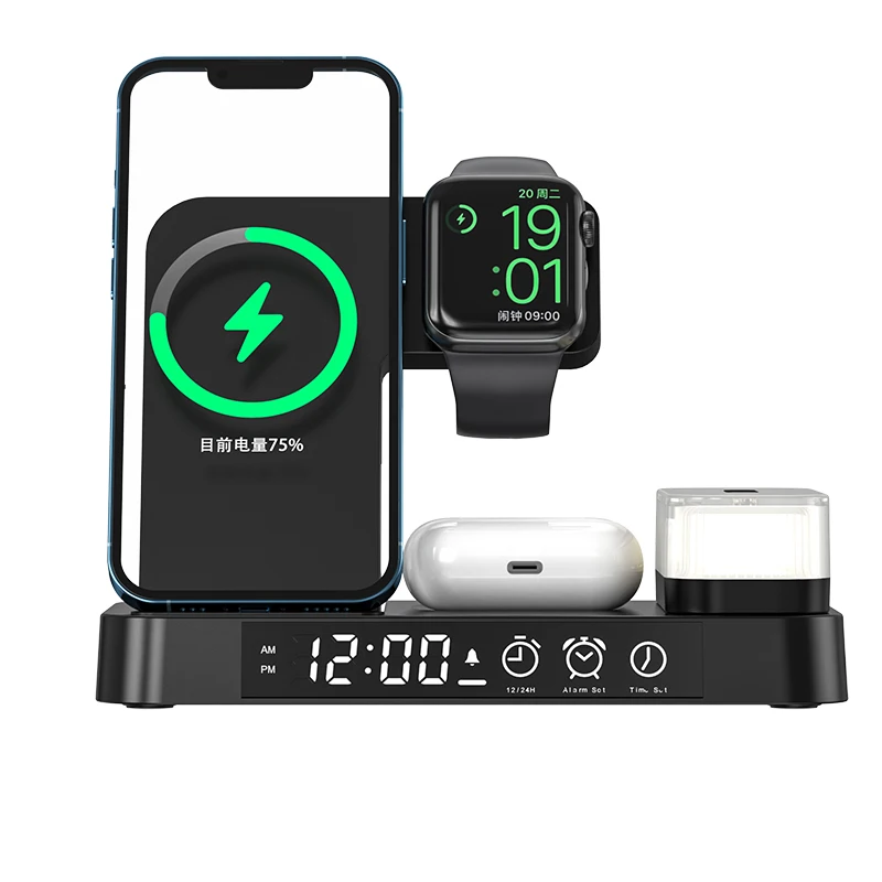 

3-in-1 Magnetic Wireless Charger for Smartwatch/Earphone/Phone Charging Dock 30W Fast Charge with Detachable Night Light/Time