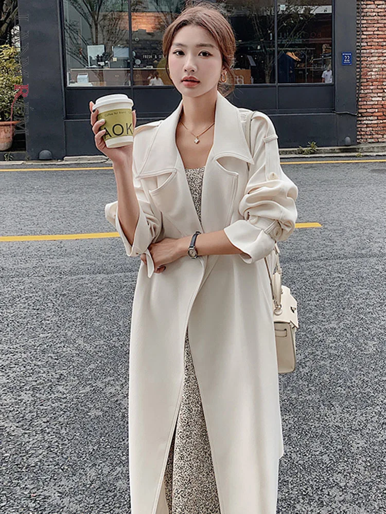 LANMREM Korean Style Mid Length Windbreaker Women Lapel Belt Gathered Waist Solid Color Trench Coat 2023 Autumn New 2AA2041