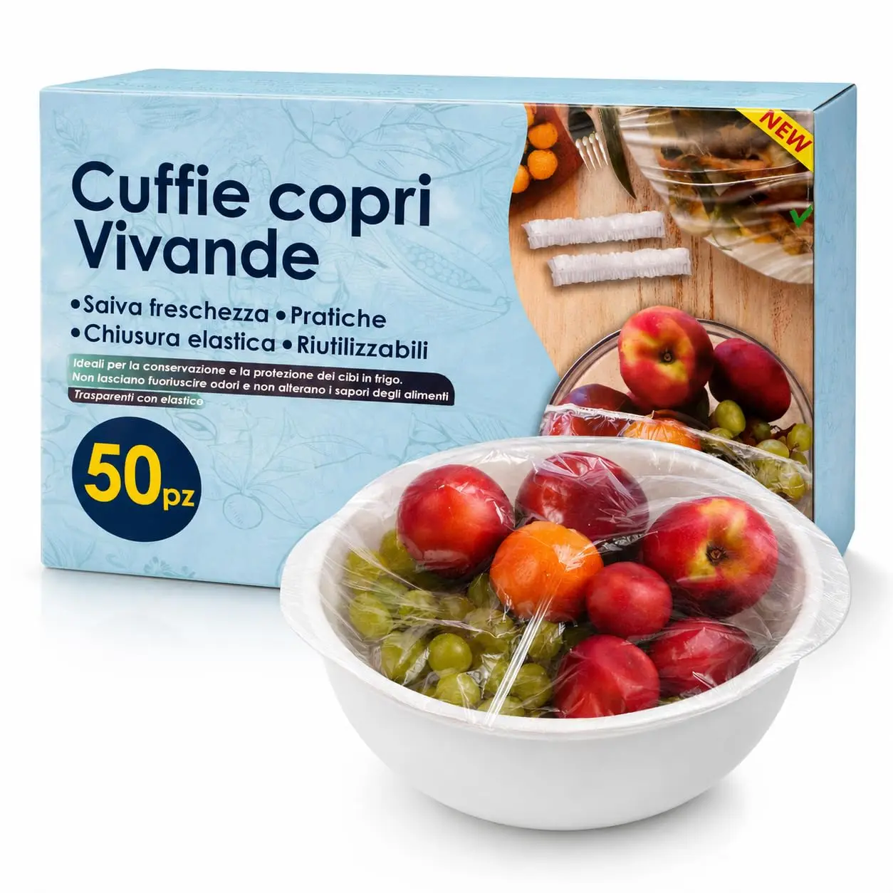 50 herbruikbare voedselhoezen met elastische band – transparante, rekbare hoezen van 10-25 cm voor kommen, borden en bakjes, voor het bewaren van voedsel in huis, in de koelkast en bij buffetten.