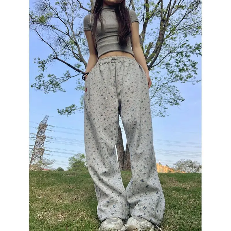 فضفاض السراويل واسعة الساق المرأة عارضة عالية الخصر مستقيم الأمريكية Sle الأزهار طباعة مريحة الخريف الشتاء وصول جديد #4
