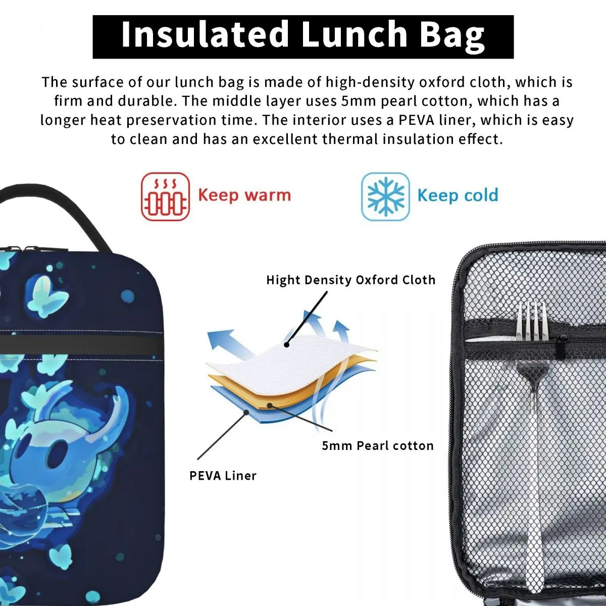 Sac à lunch isotherme Hollow Knight pour garçons et filles, grand conteneur d'aventure d'action, boîte à lunch thermique, fourre-tout de plage, pique-nique