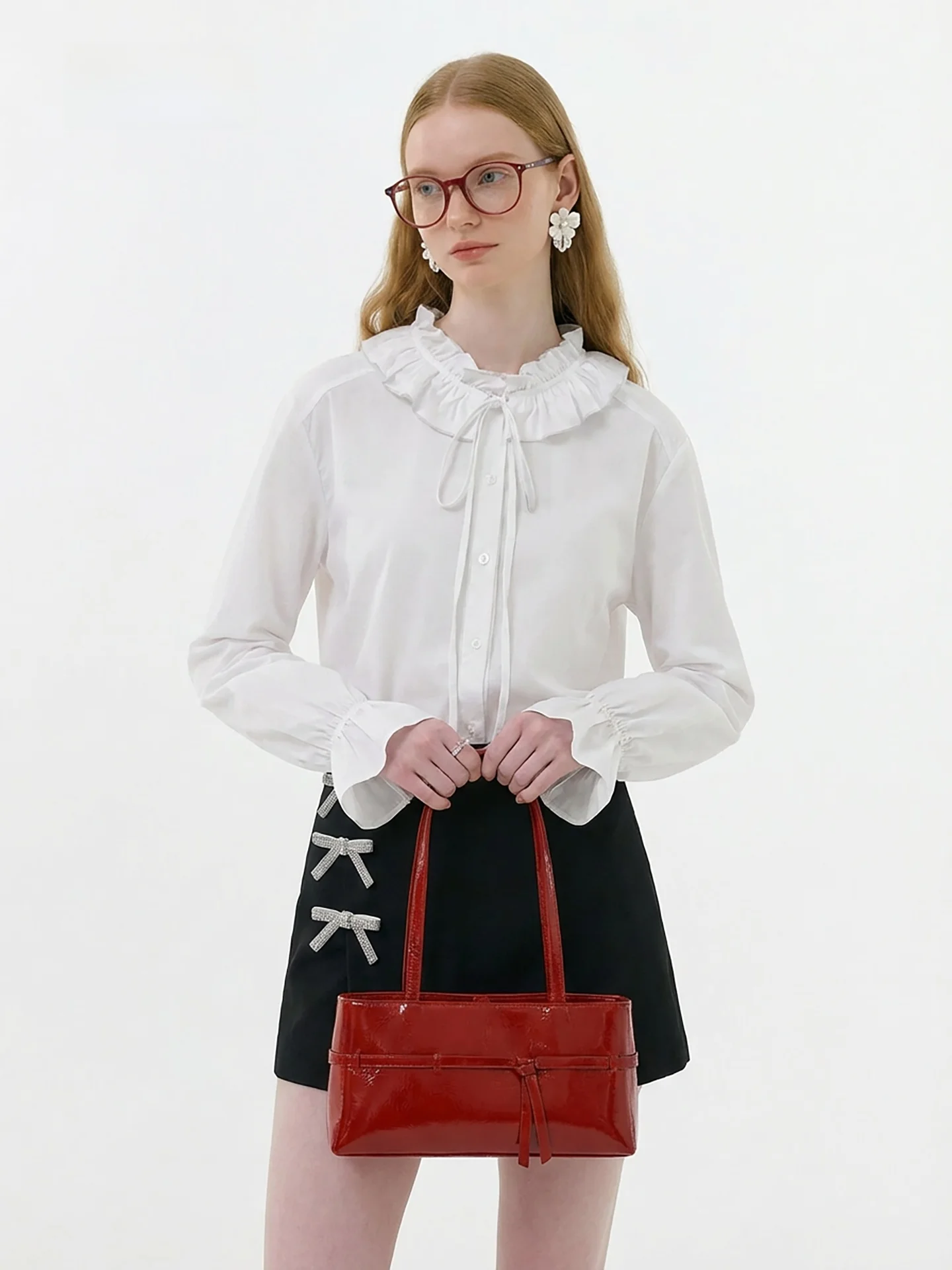 

AHMI Baroque Court Sle Long Sve White irt Women's Spring Versatile Elegance Stand Collar Button up Cotton Lyocell Blend
