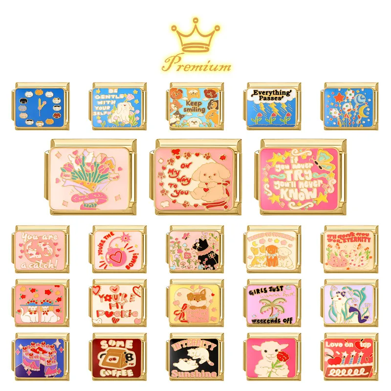 1PCS High Quality Kawaii Animals Series Flowers Cake Cat Golden Italian Charm Links Fit 9MM Stainless Steel Bracelet DIY Making