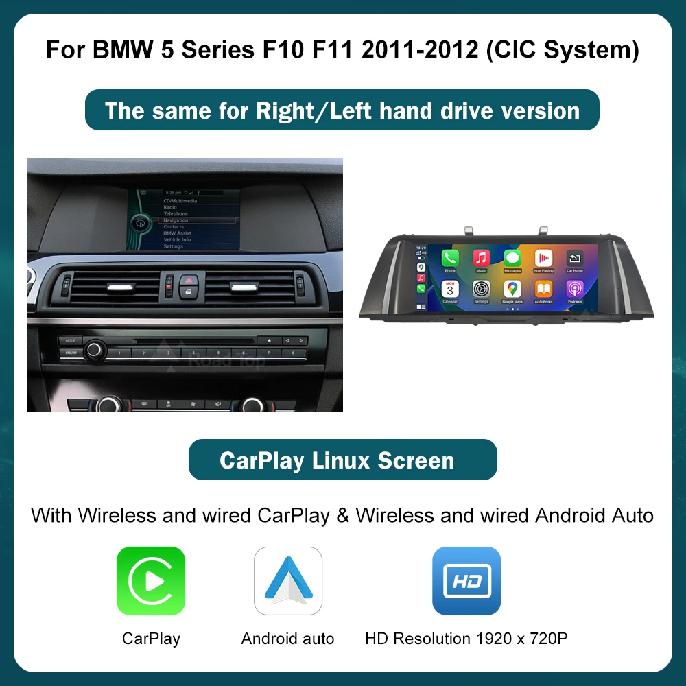RoadTop 12.3 inch voor BMW 5 Serie 2011-2017 F10 F11 Linux HD scherm, autoradio touchscreen, ondersteunt draadloze CarPlay, Android Auto, Mirrorlink, behoudt OEM-functies