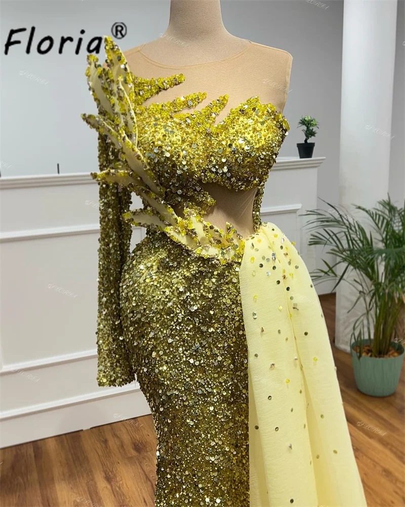 Elegant Dubai Woman Mermaid Evening Dresses with Side Train Sparkly Beading Sequin Appliques Formal Wedding Party Dress Prom